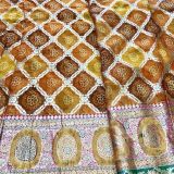printed organza fabric india | organza fabric | net fabric | Yellow Gharchola & Bandhani Printed Organza Fabric with Banarasi Border