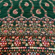 Multicoloured Paisley Pattern Thread and Mirror Embroidery on Bottle Green Georgette Fabric