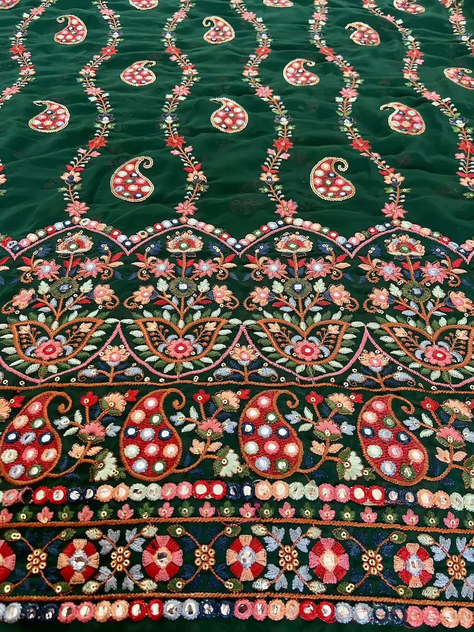 Multicoloured Paisley Pattern Thread and Mirror Embroidery on Bottle Green Georgette Fabric