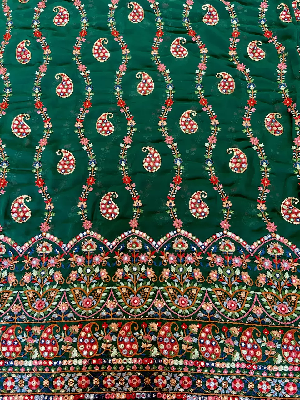 Multicoloured Paisley Pattern Thread and Mirror Embroidery on Bottle Green Georgette Fabric