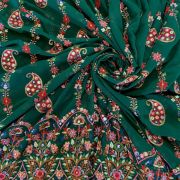 Multicoloured Paisley Pattern Thread and Mirror Embroidery on Bottle Green Georgette Fabric