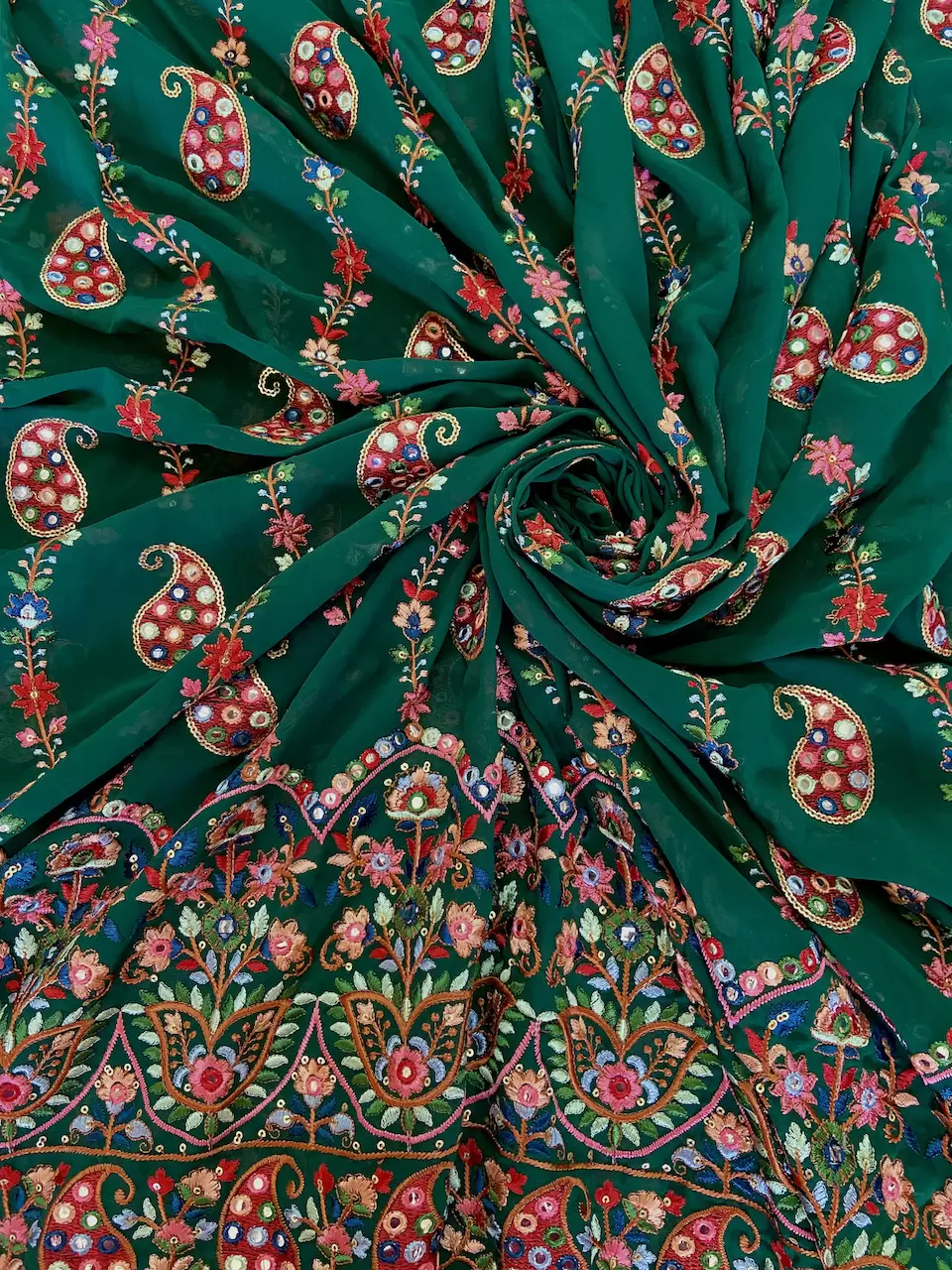 Multicoloured Paisley Pattern Thread and Mirror Embroidery on Bottle Green Georgette Fabric
