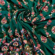 Multicoloured Paisley Pattern Thread and Mirror Embroidery on Bottle Green Georgette Fabric