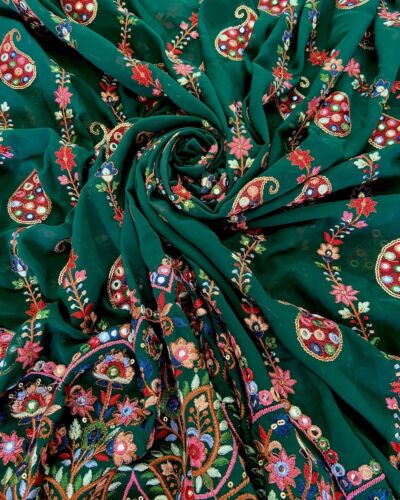 Multicoloured Paisley Pattern Thread and Mirror Embroidery on Bottle Green Georgette Fabric