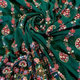 Multi Colour Paisley Pattern Thread and Mirror Embroidery on Bottle Green Georgette Fabric