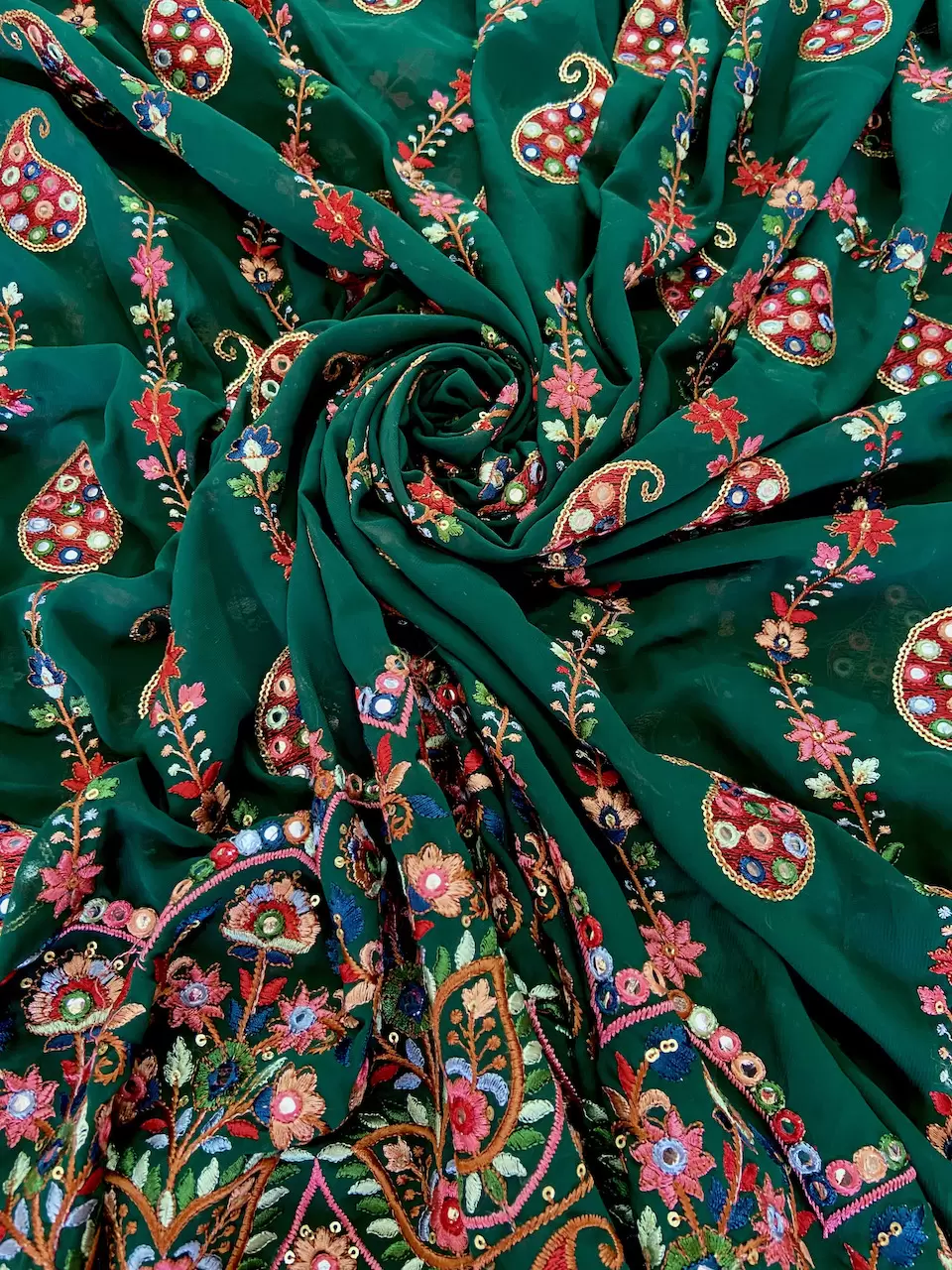 Multicoloured Paisley Pattern Thread and Mirror Embroidery on Bottle Green Georgette Fabric