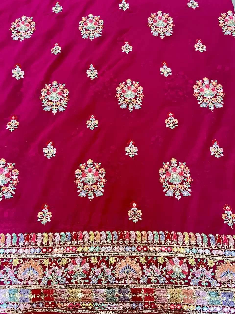 Multicoloured Floral Pattern Thread and Sequin Embroidery on Hot Pink Georgette Fabric
