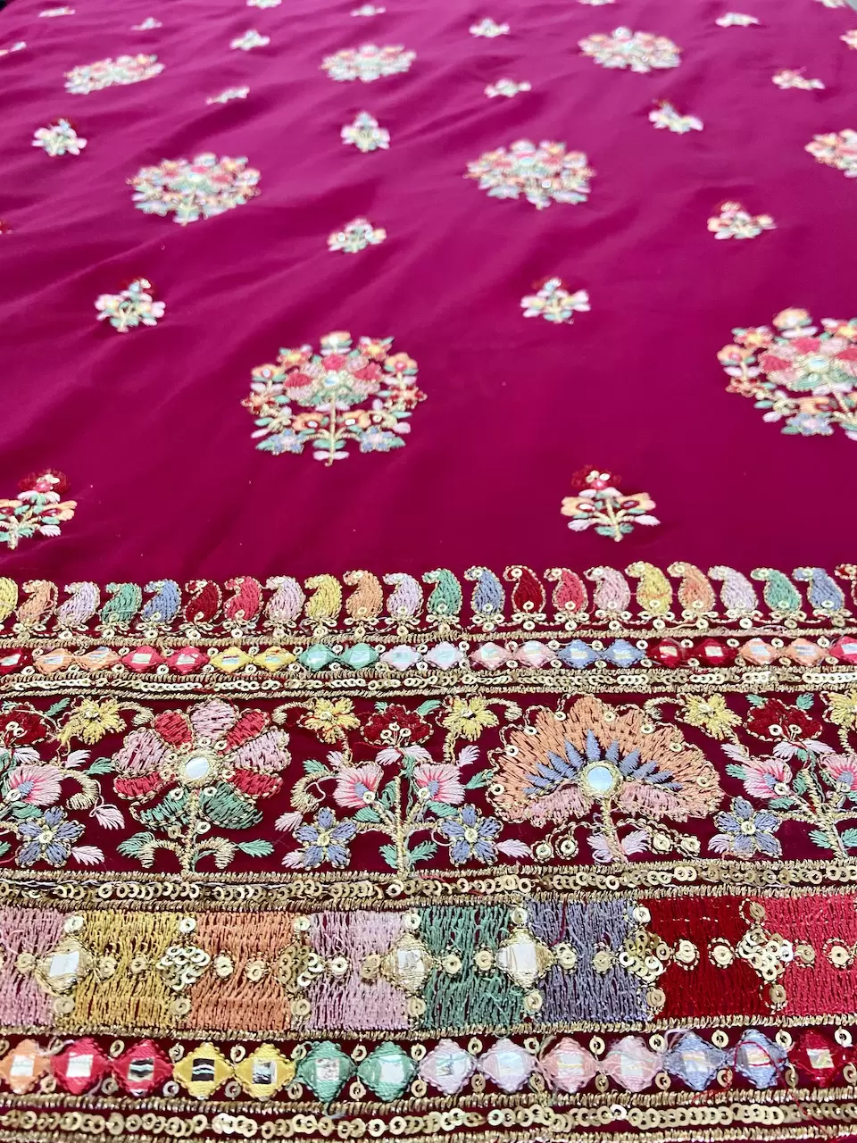 Multicoloured Floral Pattern Thread and Sequin Embroidery on Hot Pink Georgette Fabric