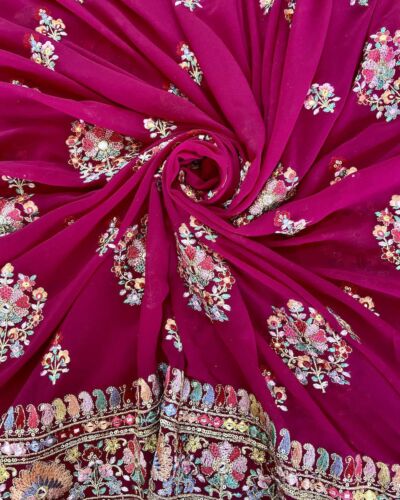 Multicoloured Floral Pattern Thread and Sequin Embroidery on Hot Pink Georgette Fabric