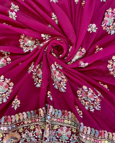 Multicoloured Floral Pattern Thread and Sequin Embroidery on Hot Pink Georgette Fabric