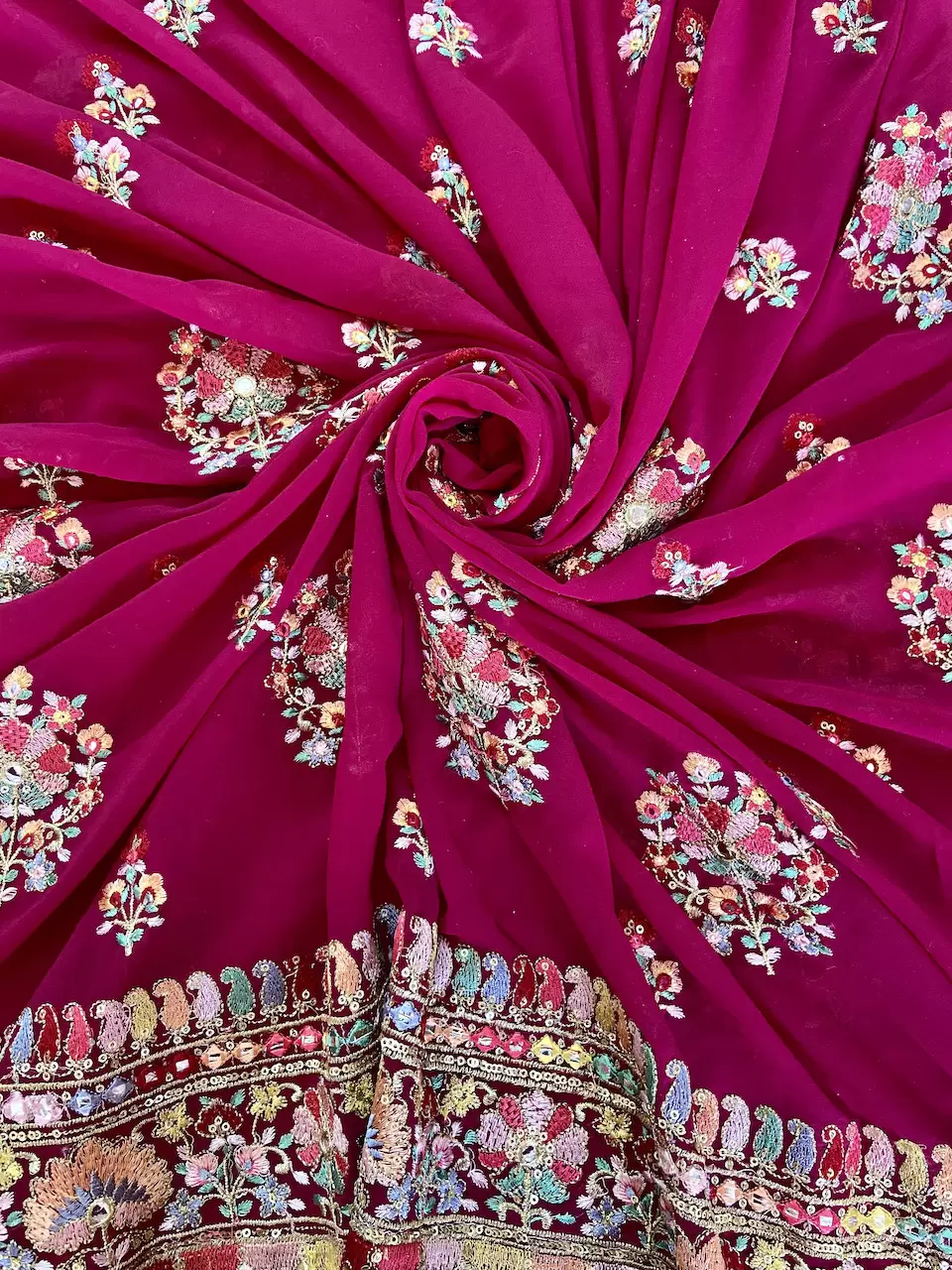 pink georgette fabric | pink colour blouse piece | Multicoloured Floral Pattern Thread and Sequin Embroidery on Hot Pink Georgette Fabric