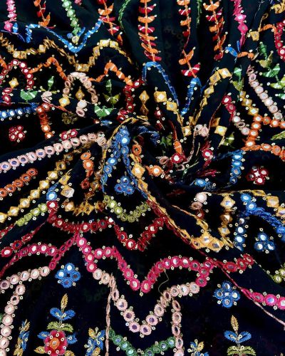 MultiColoured Stripe Floral Pattern Thread and Mirror Embroidery on Black Georgette Fabric