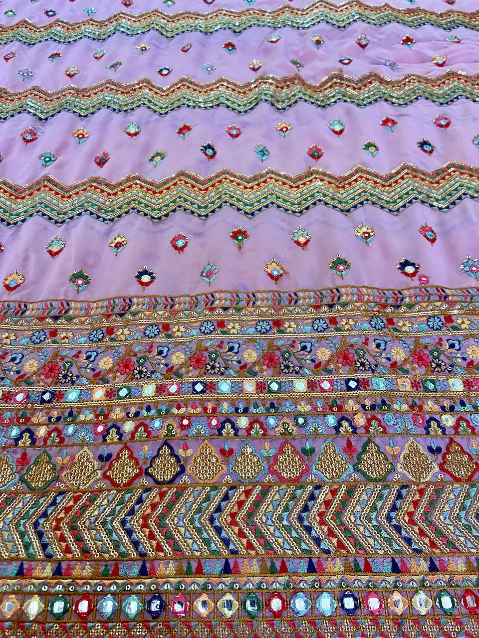 Multicoloured Zig Zag & Floral Pattern Thread, Mirror & Sequin Embroidery on Baby Pink Georgette