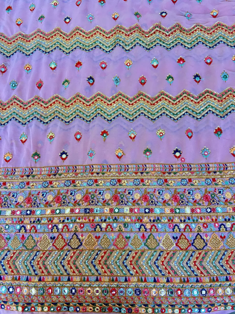 Multicoloured Zig Zag & Floral Pattern Thread, Mirror & Sequin Embroidery on Baby Pink Georgette