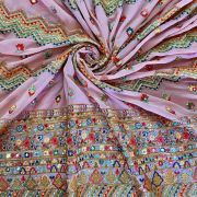 Baby Pink Georgette fabric | baby pink georgette saree | Multicoloured Zig Zag & Floral Pattern Thread, Mirror & Sequin Embroidery on Baby Pink Georgette