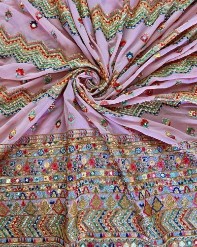 Multicoloured Zig Zag & Floral Pattern Thread, Mirror & Sequin Embroidery on Baby Pink Georgette