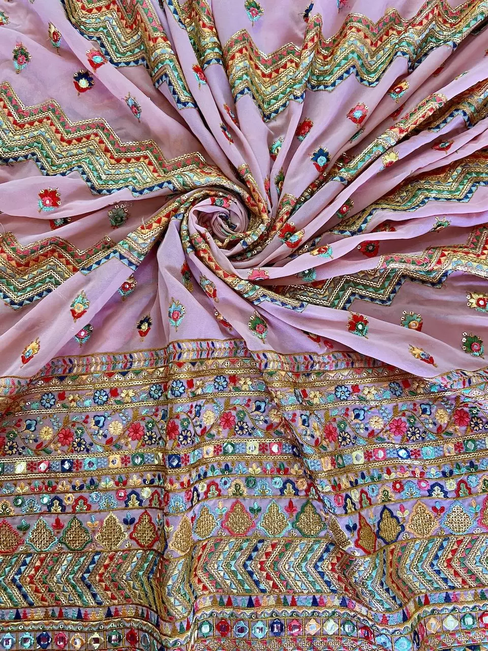 Baby Pink Georgette fabric | baby pink georgette saree | Multicoloured Zig Zag & Floral Pattern Thread, Mirror & Sequin Embroidery on Baby Pink Georgette