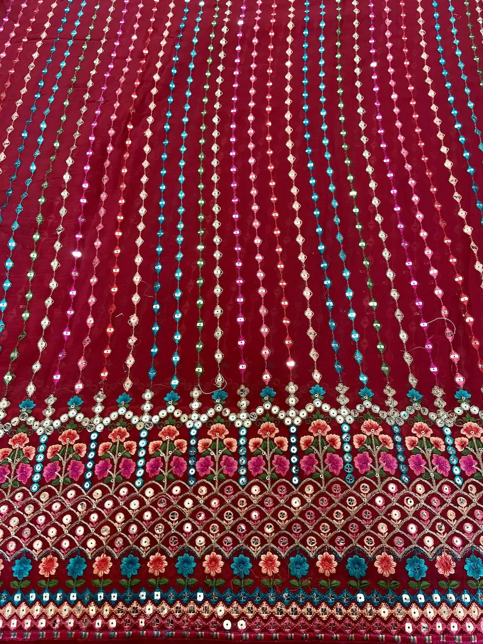 Multicoloured Stripe & Floral Pattern Thread & Mirror Embroidered on Red Georgette