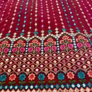 Multicoloured Stripe & Floral Pattern Thread & Mirror Embroidered on Red Georgette