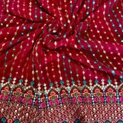 georgette fabric | Multicoloured Stripe & Floral Pattern Thread & Mirror Embroidered on Red Georgette