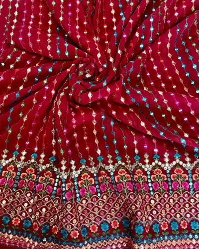 Multicoloured Stripe & Floral Pattern Thread & Mirror Embroidered on Red Georgette