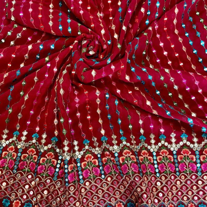 Multicoloured Stripe & Floral Pattern Thread & Mirror Embroidered on Red Georgette