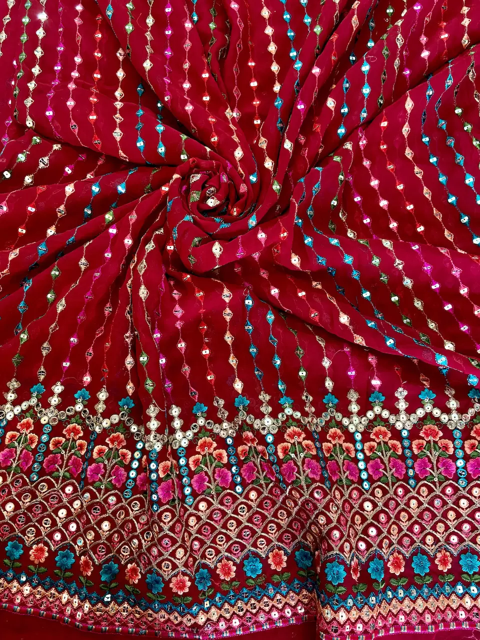georgette fabric | Multicoloured Stripe & Floral Pattern Thread & Mirror Embroidered on Red Georgette