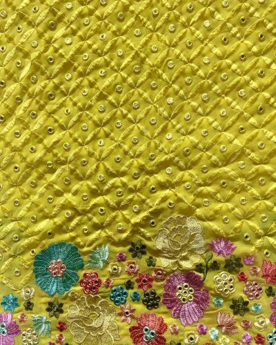 Multicoloured Floral Pattern Mirror & Thread Embroidery on Bright Yellow Georgette