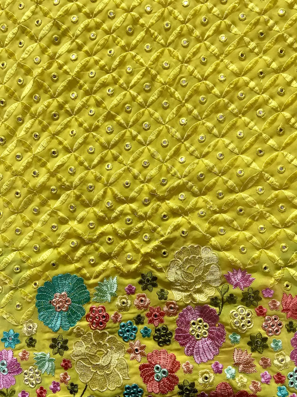 Multicoloured Floral Pattern Mirror & Thread Embroidery on Bright Yellow Georgette