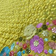 Multicoloured Floral Pattern Mirror & Thread Embroidery on Bright Yellow Georgette