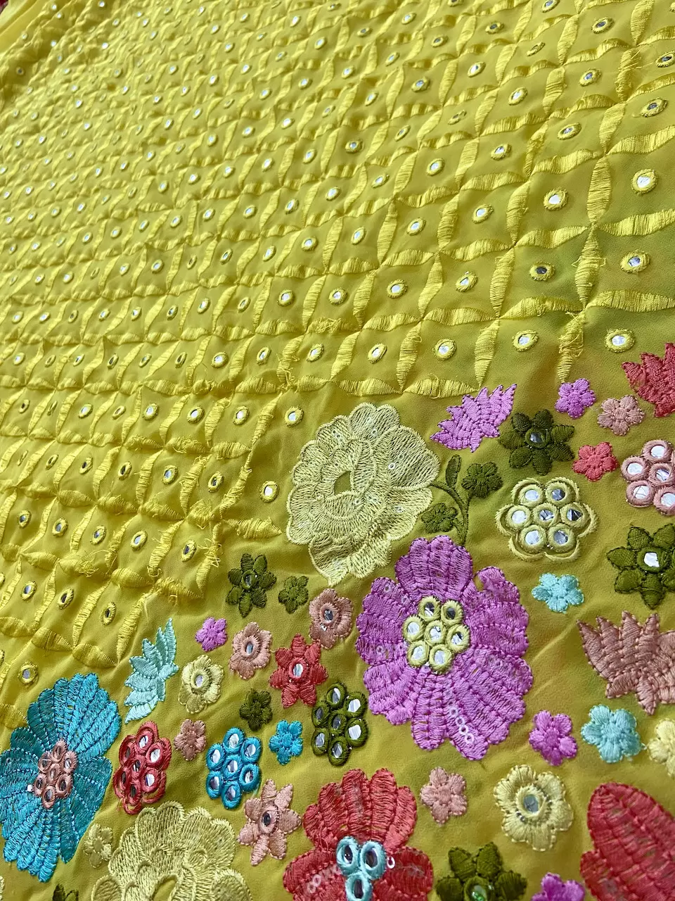 Multicoloured Floral Pattern Mirror & Thread Embroidery on Bright Yellow Georgette
