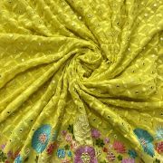 Multicoloured Floral Pattern Mirror & Thread Embroidery on Bright Yellow Georgette