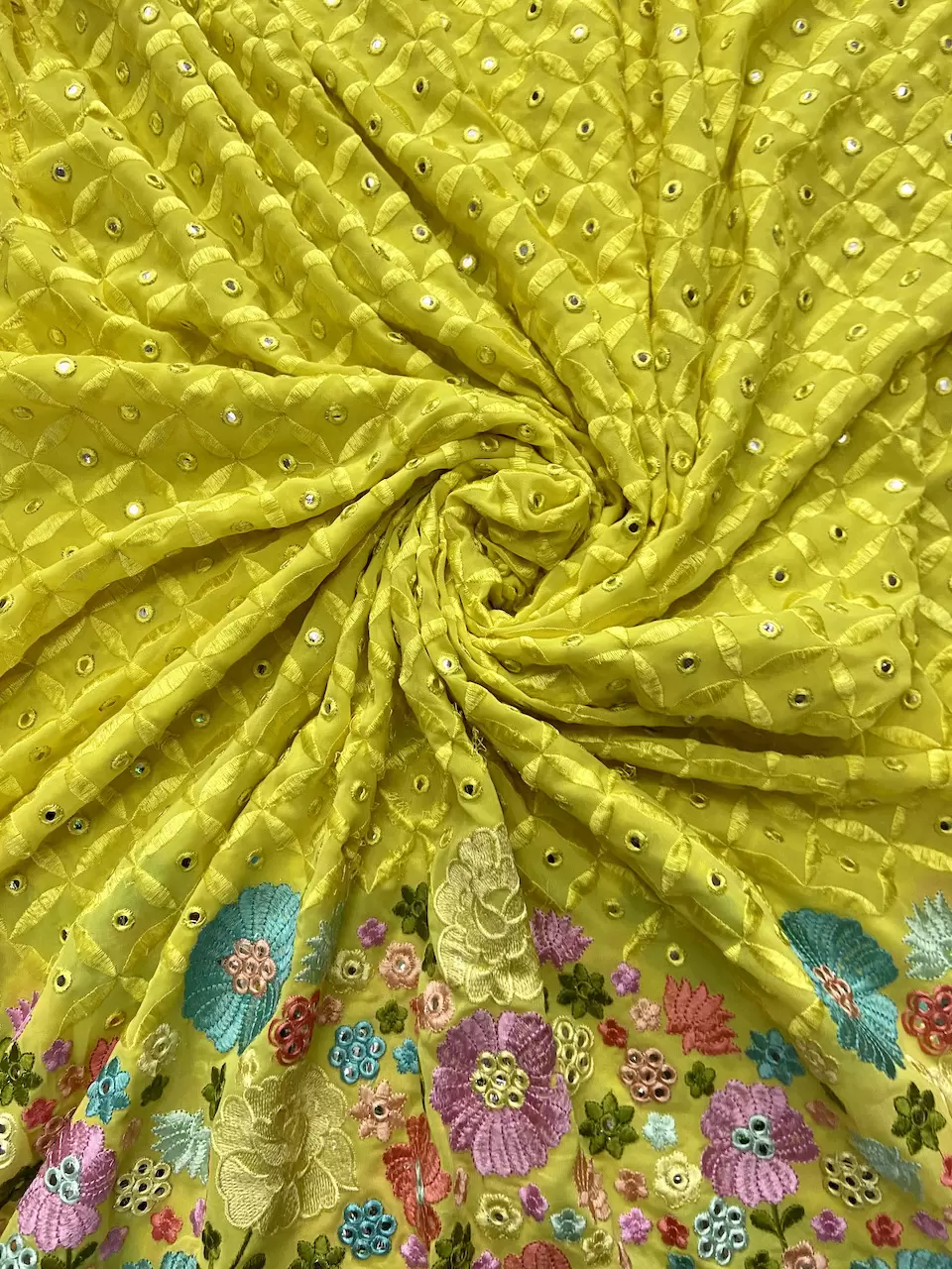 Multicoloured Floral Pattern Mirror & Thread Embroidery on Bright Yellow Georgette