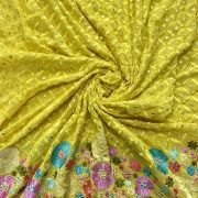 embroidered georgette fabric | yellow georgette fabric | embroidered georgette fabric online | Multicoloured Floral Pattern Mirror & Thread Embroidery on Bright Yellow Georgette