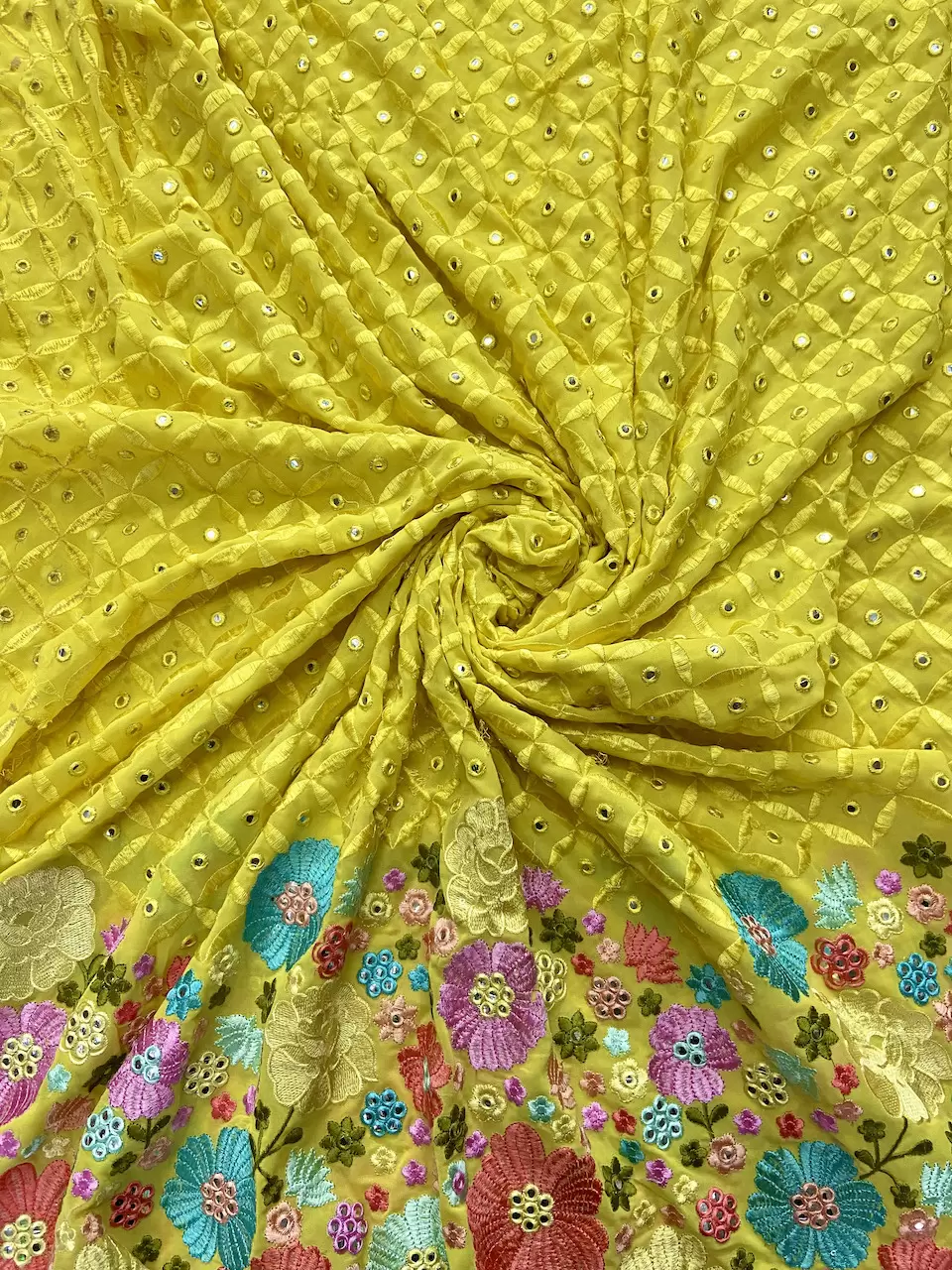 embroidered georgette fabric | yellow georgette fabric | embroidered georgette fabric online | Multicoloured Floral Pattern Mirror & Thread Embroidery on Bright Yellow Georgette