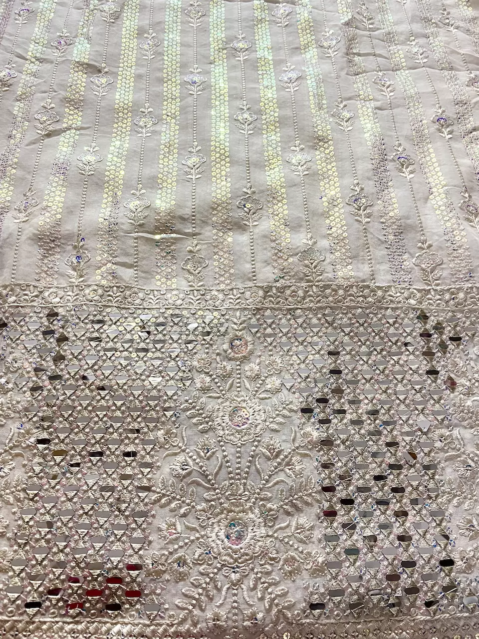 Chikankari Embroidery with Holographic Sequin and Mirror work on Off White Dyable Georgette