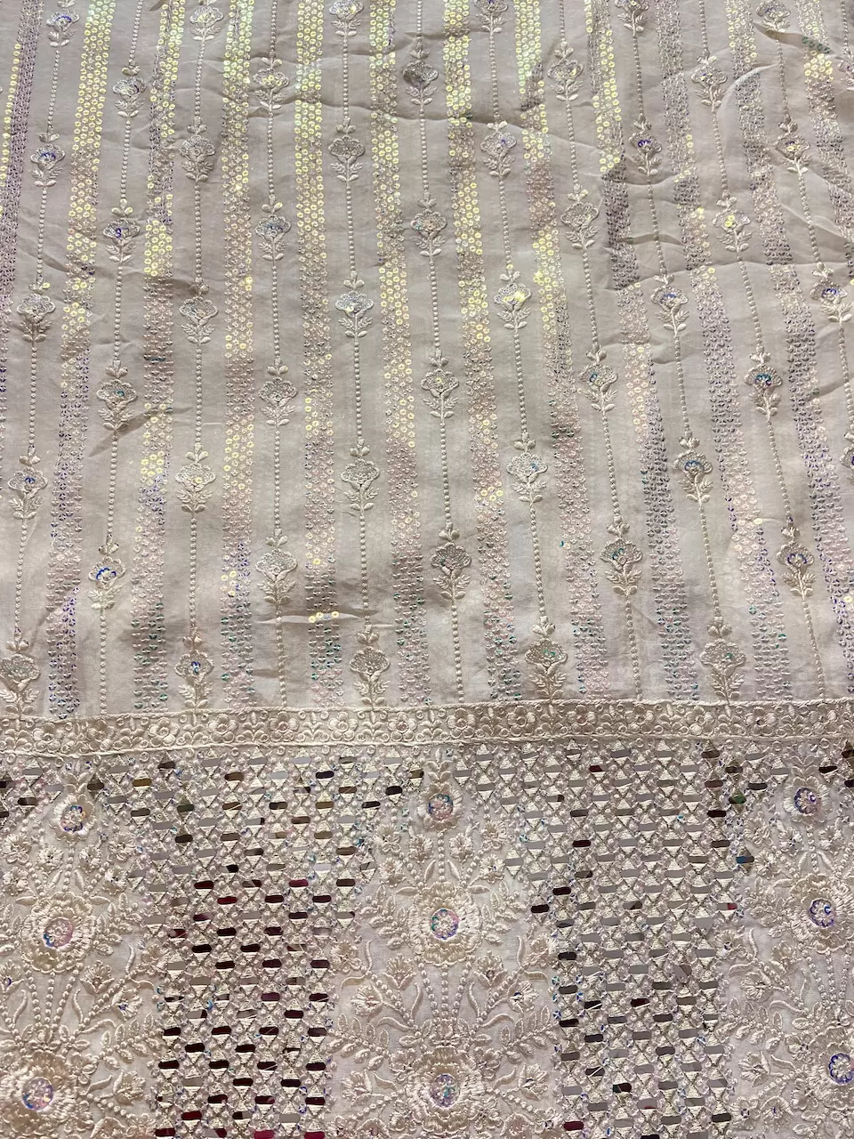 Chikankari Embroidery with Holographic Sequin and Mirror work on Off White Dyable Georgette