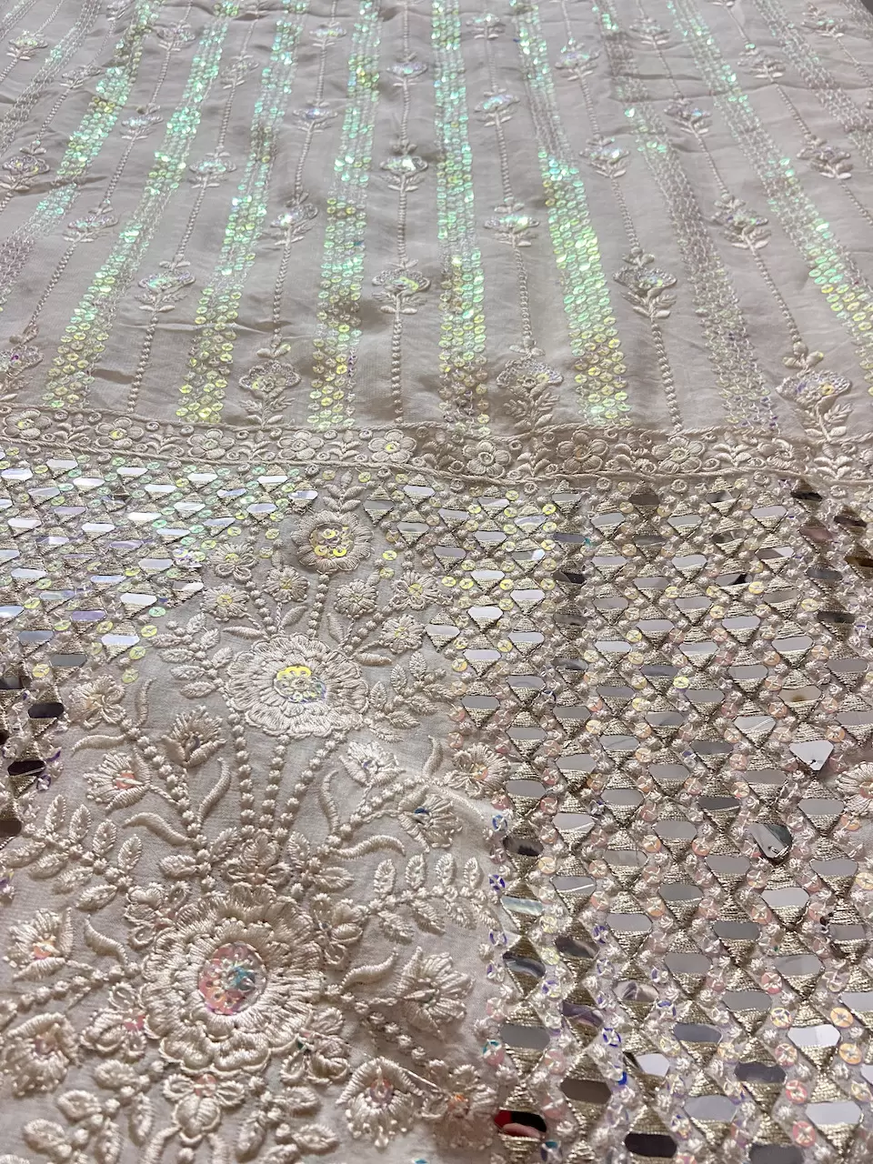 Chikankari Embroidery with Holographic Sequin and Mirror work on Off White Dyable Georgette