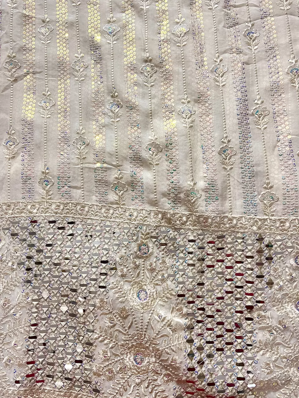 Chikankari Embroidery with Holographic Sequin and Mirror work on Off White Dyable Georgette
