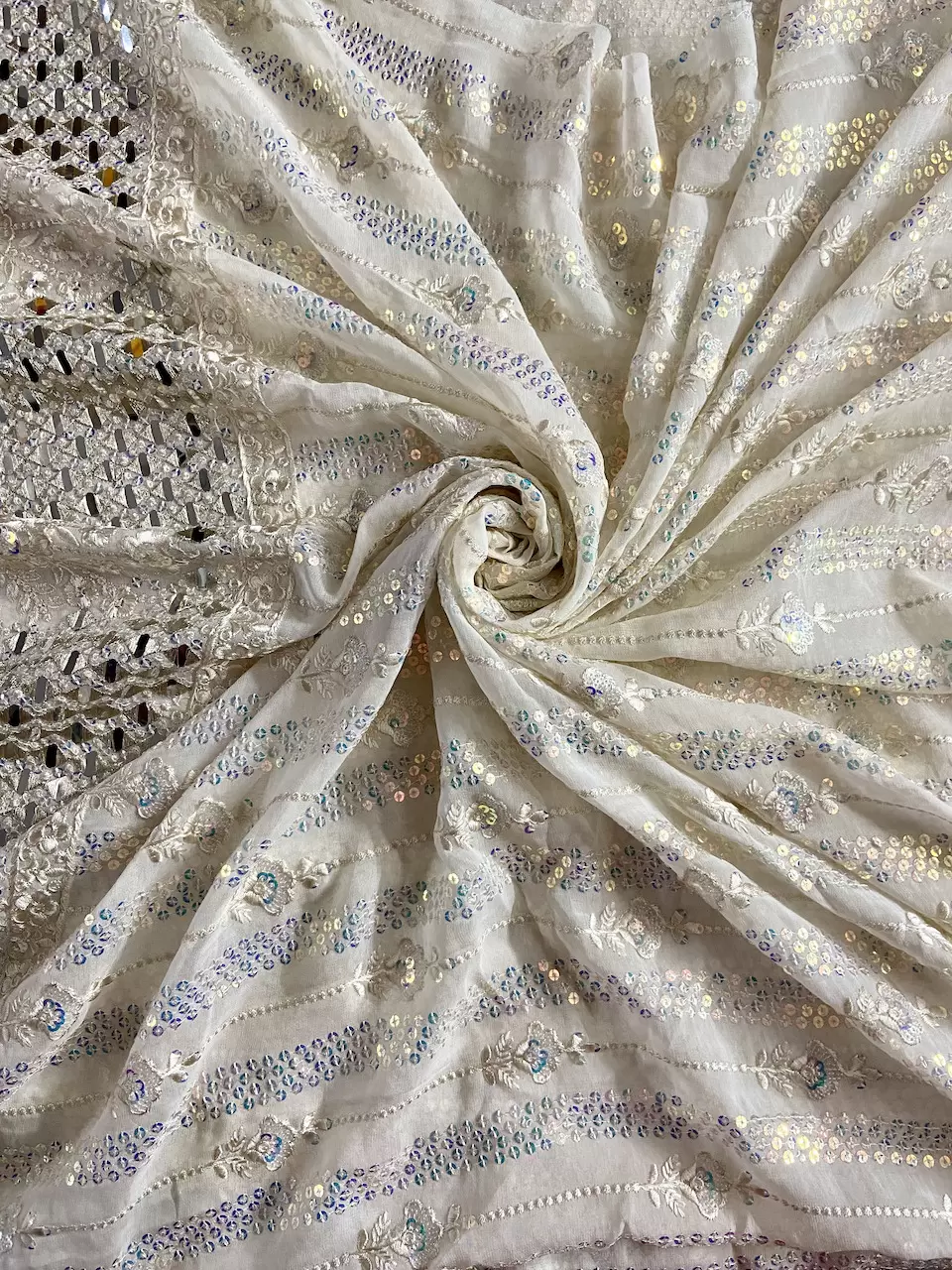 georgette | georgette fabric | Chikankari Embroidery with Holographic Sequin and Mirror work on Off White Dyable Georgette