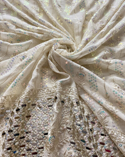Chikankari Embroidery with Holographic Sequin and Mirror work on Off White Dyable Georgette