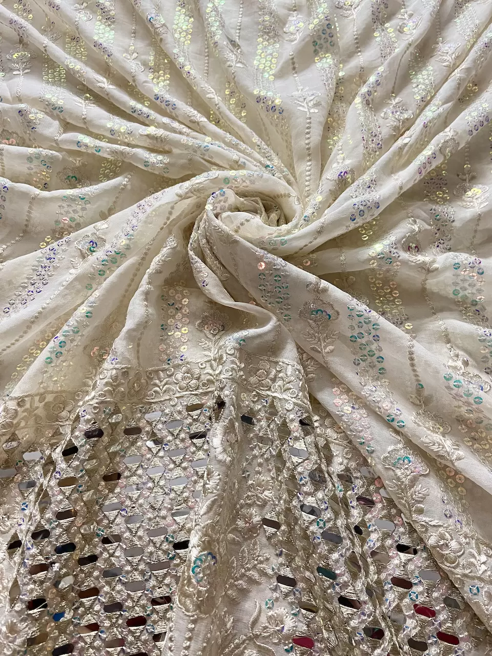 Chikankari Embroidery with Holographic Sequin and Mirror work on Off White Dyable Georgette