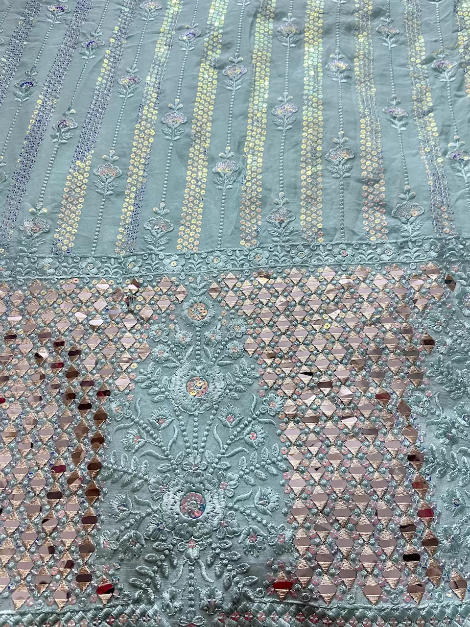 Chikankari Embroidery with Holographic Sequin and Mirror work On Sky Blue Georgette