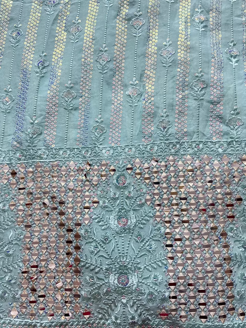 Chikankari Embroidery with Holographic Sequin and Mirror work On Sky Blue Georgette