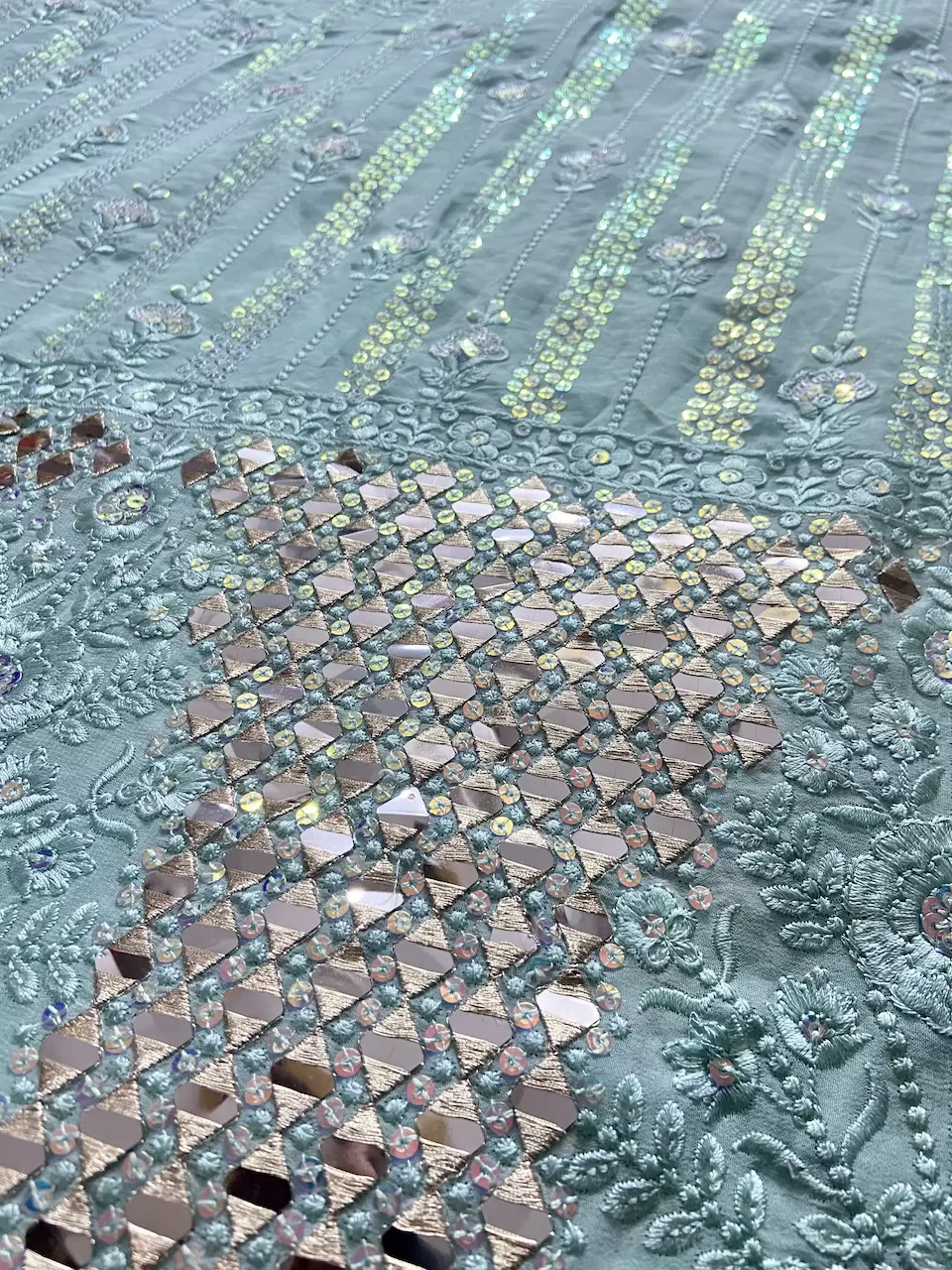 Chikankari Embroidery with Holographic Sequin and Mirror work On Sky Blue Georgette