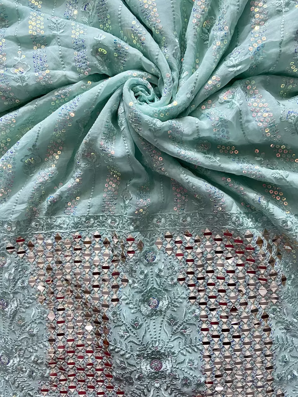 Chikankari Embroidery with Holographic Sequin and Mirror work On Sky Blue Georgette
