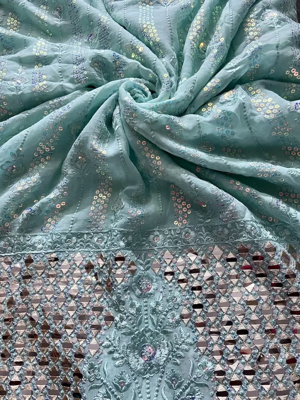 Chikankari Embroidery with Holographic Sequin and Mirror work On Sky Blue Georgette