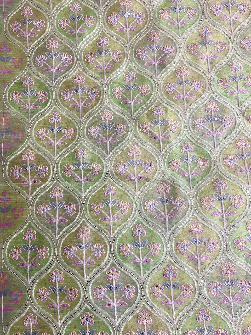 Green Floral Printed with Thread & Sequin Embroidery on Raw Silk Material