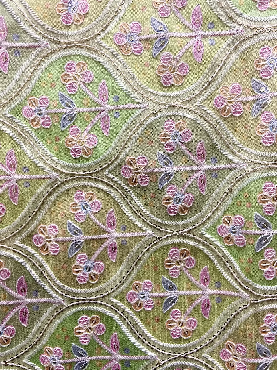 Green Floral Printed with Thread & Sequin Embroidery on Raw Silk Material