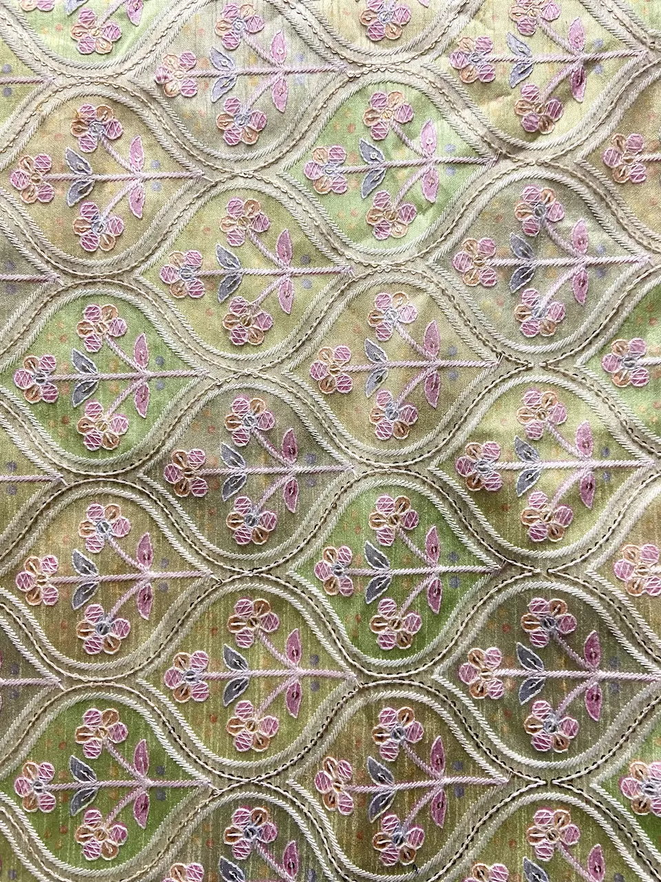 Green Floral Printed with Thread & Sequin Embroidery on Raw Silk Material